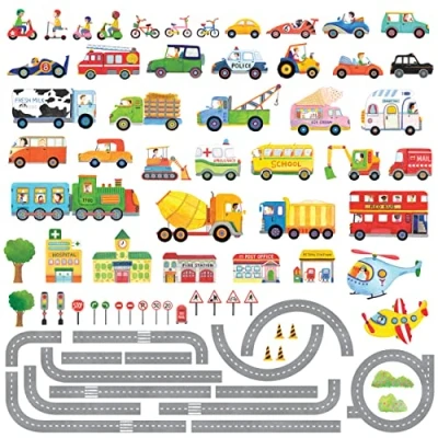 Image of DECOWALL BS 1404P1405 The Road and Transports Kids Wall Stickers Decals Peel Stick Removable for Nursery Bedroom Living Room Art murals Decorations