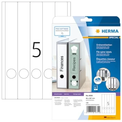 Image of HERMA Self Adhesive Spine Labels, 5 Labels per A4 Sheet, 25 Sheets, 38 x 297 mm, 125 Blank Lever Arch File Folder Stickers, Sticky for Laser &amp; Inkjet Printer, White