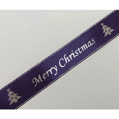 Image of Merry Christmas Purple Satin Ribbon with Silver Edge 25mm x 1 Metre Cut from roll