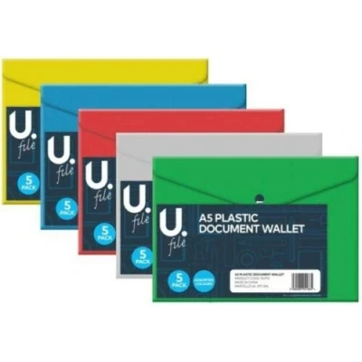 Image of A5 Plastic Stud Document Wallets Files Folders Filing Colour Assorted 5 Pack