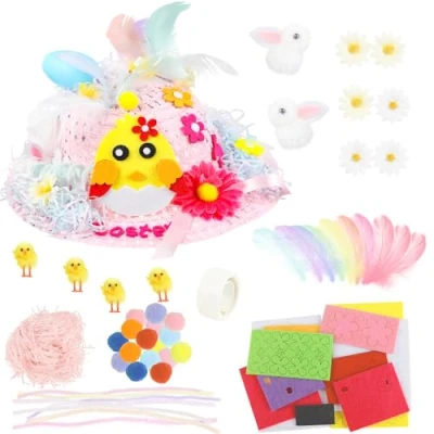 Image of JOFONY Easter Bonnet Kit, Kids Hat Sets Make Your Own Hat, DIY Kit for Craft Supplies(Pink)