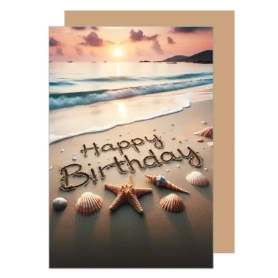 Image of Edition Seidel Premium Birthday Card with Envelope. Greeting Happy for him or her Friend Beach Sea Starfish Shells Sunset (G3565 SW024)