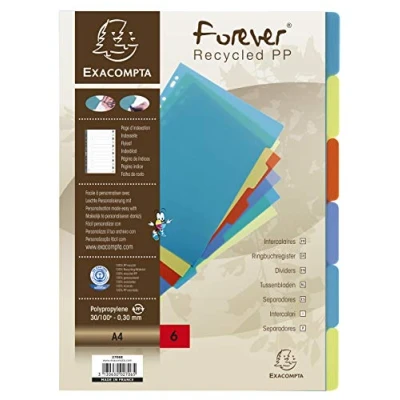 Image of Exacompta Ref 2706E Forever Collection 100% Recycled PP Dividers Suitable for Use With A4 Documents, 6 Part Dividers, Polypropylene Multi Coloured