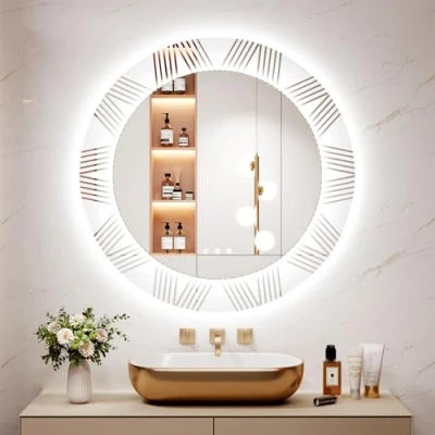 Image of Dripex 700mm Round LED Bathroom Mirror, Patterned Circle Backlit Makeup Mirror with Light, Anti fog, 3 Colors Dimmable Lights, Memory Function, Large Wall Mounted Vanity For Bedroom
