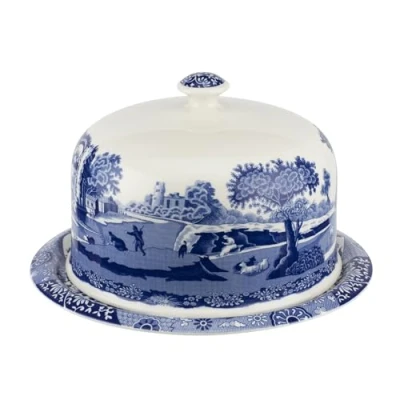 Image of Spode Blue Italian 2 Piece Serving Platter with Dome Cover, Multifunctional Porcelain 11.5 Tray for Cake, Pastries, Cheese