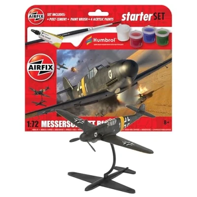 Image of Airfix Starter Set A55014 Messerschmitt Bf109F 4 Model Building Kit Plastic Plane Kits for Adults &amp; Children 8+, Includes Decals, Acrylic Paints, Brushes Poly Cement 1:72 Scale
