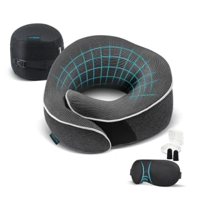 Image of Proglobe Travel Pillow, Memory Foam Neck Pillow Set, Orthopedic Essentials for Flying, Kit with 3D Contoured Sleep Mask, Earplugs and Luxury Mesh Bag (Dark Grey)