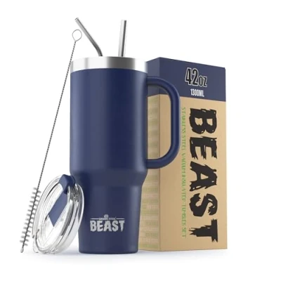 Image of Beast Tumbler 1300 ml (42 oz), Royal Blue Reusable Stainless Steel, Vacuum Insulated Cup with + 2 Straws &amp; Cleaning Brush Double Wall Travel Flask Perfect for Hot or Iced Coffee BPA Free
