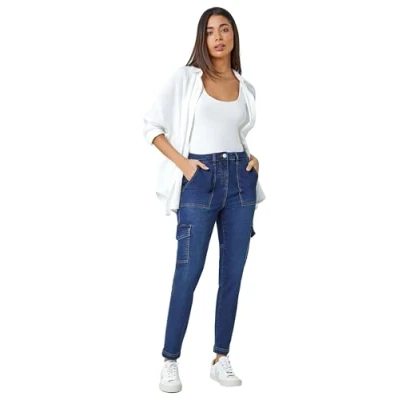 Image of Roman Cargo Jeggings for Women UK Ladies Denim Leggings Stretchy Trousers Cotton Pants High Waist Rise Pull On Smart Casual Straight Leg Skinny Slimming Pockets Indigo Size 20