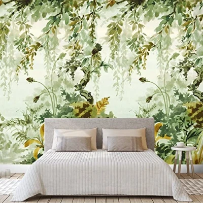 Image of Grandeco Naive Watercolour Jungle Green Repeatable Wallpaper Mural 159 x 280cm