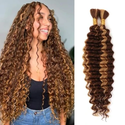 Image of Boho Braids Human Hair Extensions 100g 2 Bundles No Weft Braiding For Knotless Wet and Wavy Deep Wave Bulk Women (P4/27#, 16 Inch(50g/Bundle x2))