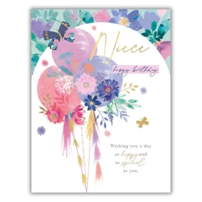 Image of Words &#039;n&#039; Wishes Niece Birthday Card Happy with Floral Balloons Design and Foil Details for Women/Girls