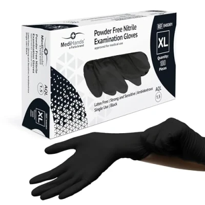 Image of Farla Medical MediHands Disposable Extra Large Nitrile Gloves Powder Free and Latex Surgical Multi Purpose, Single Use Box of 100, Black