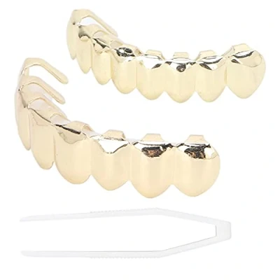 Image of Gold Grills for Your Teeth, Plated Hip Hop Teeth Grillz Punk Custom Fit Grillz, Fake Mouth Top and Bottom Vampire Fangs Halloween Party, Rapper Costume