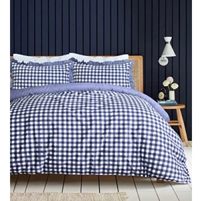 Image of Sleepdown Gingham Check Blue Plain Reverse Soft Easy Care Duvet Cover Quilt Bedding Set With Ruffle Edge Pillowcases Super King (260cm x 220cm)