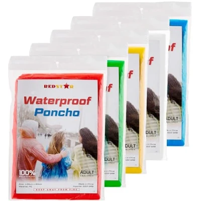 Image of 5pc Clear Rain Poncho Adult Waterproof Disposable Raincoat Festival Essentials Plastic Ponchos with Hood for Men and Women an Emergency