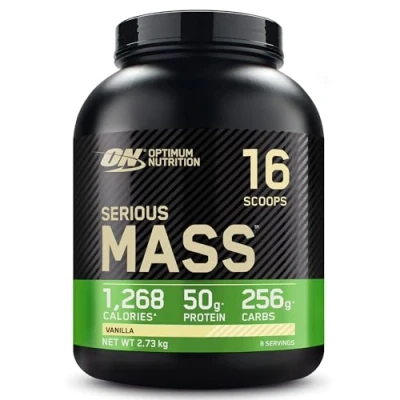 Image of Optimum Nutrition Serious Mass Protein Powder High Calorie Gainer with Vitamins, Creatine and Glutamine, Vanilla, 8 Servings, 2.73 kg, Packaging May Vary