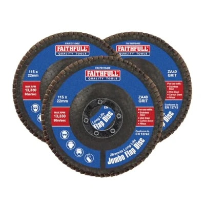 Image of Faithfull Zirconia Abrasive Jumbo Flap Disc 115 x 22mm 40 Grit (Pack of 3)