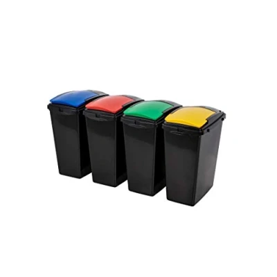 Image of Addis Recycling 40 Litre Set of 4 Waste Utility Plastic Bins Interlocking Clips, Lift, Yellow &amp; Green, Black Colour Coded Lids Red, Blue, Yellow, x
