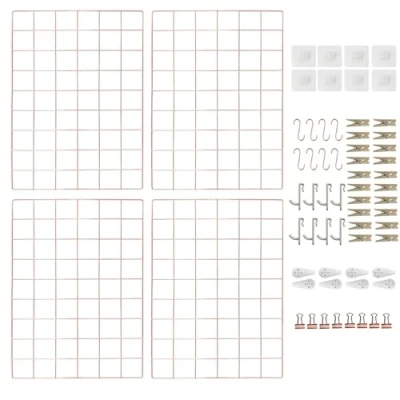 Image of CIKLCIX Metal Grid Wall Panel Rose Gold, Wire Photo Display Organizer, 17.3&quot;x11.8&quot; Board Wall, Picture Frame, 4 Pack Mesh Memo with Clips and Hooks