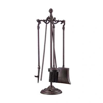 Image of Relaxdays 5 Piece Fireplace Companion Tools, Set with Rack, Shovel, Broom, Poker and Tongs, HxWxD 51 x 18 cm, Brown