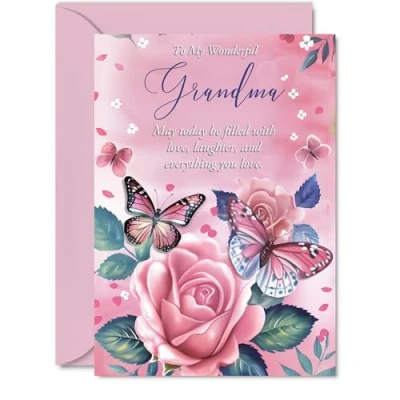 Image of Grandma Birthday Card Pink Rose Butterfly Beautiful Happy for from Granddaughter Grandson, 5x7 Inch Female Floral Bday Mothers Day Greeting Cards