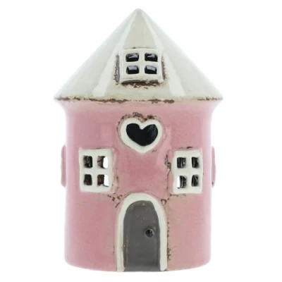 Image of Shudehill Giftware Village Pottery Ceramic Round Heart House Mini Tealight Pink