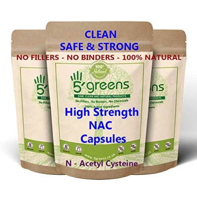 Image of NAC N Acetyl Cysteine 1600mg High Strength Per Serving 120 Vegan Friendly Capsules 100% Natural, No Fillers or Binders Made in The UK by 5greens