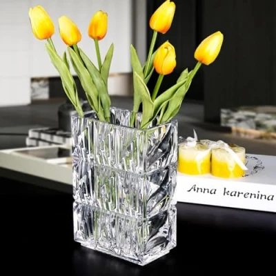 Image of LODCZIOE 20 cm Crystal Glass Vase, Thickened Clear Flower Large Square Decorative Vases, Flowers, Modern Farmhouse Centrepiece, Home Room Decor (Transparent)