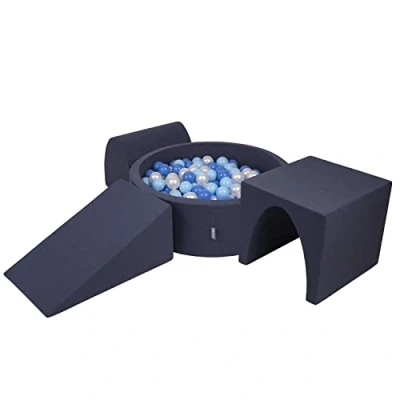 Image of KiddyMoon Foam Playground For Kids With Round Ballpit (200 Balls ∅ 7Cm/2.75In) Soft Obstacles Course And Ball Pool, Darkblue:Babyblue/Blue/Pearl