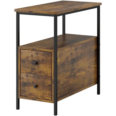 Image of HOMCOM Side Table, Narrow Bedside Table with 2 Drawers and Storage Shelf, Industrial End Metal Frame for Small Spaces, Rustic Brown
