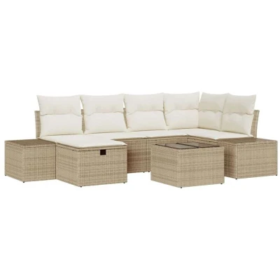 Image of vidaXL 7 Piece Garden Sofa Set with Cushions Beige Poly Rattan