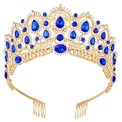 Image of Tiara,Vofler Gold Crown Baroque Vintage Headband Crystal Blue Rhinestone Sapphire Hair Jewelry for Women Queen Ladies Girl Bride Princess Birthday Wedding Pageant Halloween Costume Party with Combs