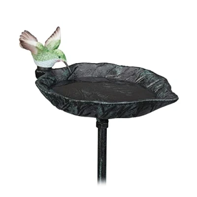 Image of Relaxdays Cast Iron Birdbath, Stake, H x W D: 100.5 13.5 19 cm, Garden Bird Decor, Dark Green