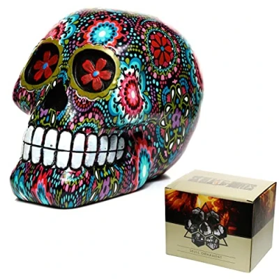 Image of Puckator Day of the Dead Floral Print skull Ornament Home Decoration Ornaments Resin Accessories Living Room Human Skeleton Goth Gifts For Men