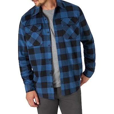 Image of Wrangler Authentics Men&#039;s Long Sleeve Fleece Shirt Jacket Button, Blue Buffalo Plaid, S