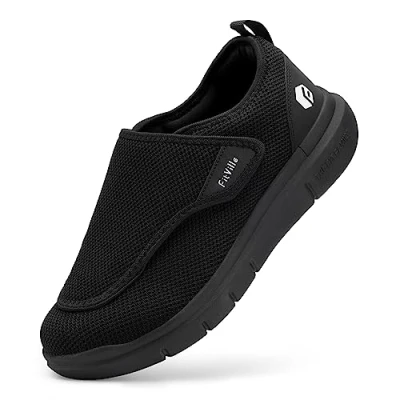 Image of FitVille Mens Extra Wide Fit Diabetic Shoes Easy Close Orthopedic Slippers for Swollen Feet Plantar Fasciitis Adjustable Lightweight Walking Trainers, Black, 10.5 UK X