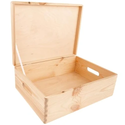 Image of Creative Deco XL Large Plain Wooden Storage Box 40 x 30 14 cm (+/ 1 cm) Hinged Lid &amp; Handles Unpainted Gift for Christmas Xmas UNSANDED Wood Keepsake Memory Craft Chest