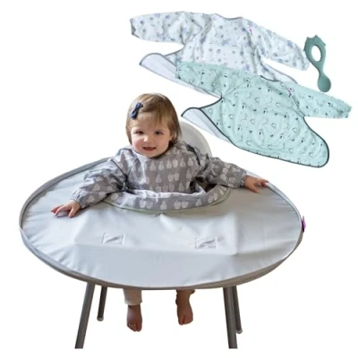 Image of Tidy Tot Bib &amp; Tray Kit Baby Feeding Set 3 Mess Proof Long Sleeve Smocks Attaches to Mat Waterproof Bibs Machine Washable 1 Silicone Spoon. Fits Babies and Toddlers 6 36 months.