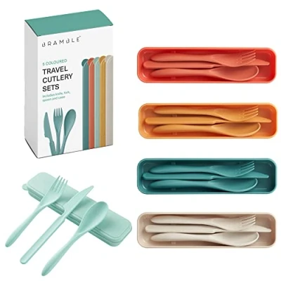 Image of Bramble 5 Cutlery Sets Portable Reusable, Travel on The Go with Knife, Fork, Spoon Case Ideal for Kids &amp; Adults, Picnics, Camping Colours