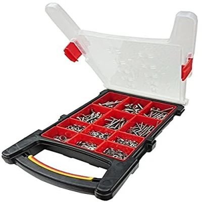 Image of Merriway BH06617 (780 Pcs) Assortment of BZP Machine Screws, Hex Nuts &amp; Flat Washers in a 12 Compartment Carry Case Pack 780 Pieces