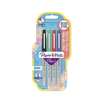 Image of Papermate flair ultrafine felt tip black blue red green assorted colours 4 pens set