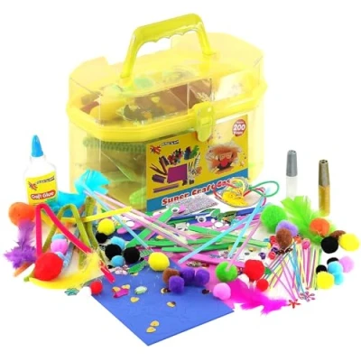 Image of The Magic Toy Shop Kids Giant Mega Super Craft Art Carry Case with Over 200 Pieces Feathers, Pom Poms, Beads, Sticks, Neon Laces, Wool, Sequins, Gems, Googly Eyes, Glitter Glue (Yellow)
