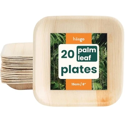 Image of HAAGO 20 Eco Friendly Palm Leaf Plates Disposable like Wooden &amp; Bamboo for Hot Cold Food Microwave Freezer Safe Compostable Alternative to Paper Outdoor 15cm Biodegradable