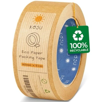 Image of Koju Kraft Paper Packing Tape 48mm x 50m Single Roll Eco Friendly &amp; Recyclable Brown for Packaging Parcels Moving House Boxes Strong, Heavy Duty Parcel (1)