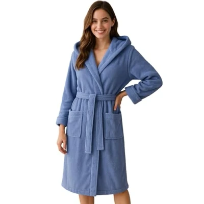 Image of Morgenstern Women&#039;s Terry Towelling Bathrobe 100% Cotton with Hood Long Oeko Tex, Denim Blue, XL