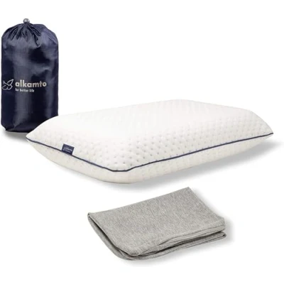 Image of alkamto Travel Pillow Ergonomic Neck Support Memory Foam with Temperature Regulating Pillowcase Includes Extra Cotton Cover and Carry Bag (16,5 x 10,6 3,14 In White + Cover)