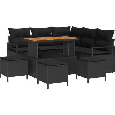 Image of vidaXL 9 Piece Garden Sofa Set with Cushions Black Poly Rattan Acacia
