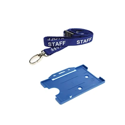 Image of Staff Neck Strap Lanyard with Safety Breakaway 15mm Wide Blue Metal Clip &amp; Badge Pass ID Card Holder for Credit Size 86x54mm Cards Passes Work, Office, NHS, Teachers, Schools (25)