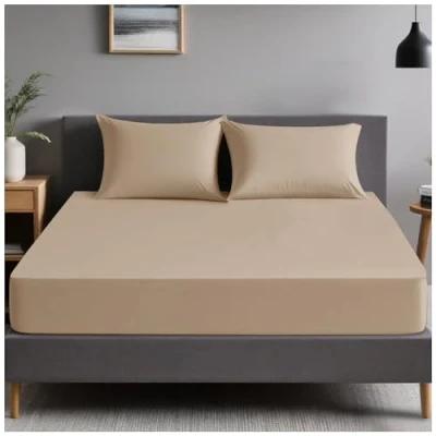 Image of Plain Dyed Bedding Fitted Bedsheets, Soft &amp; Comfy Double Bed Sheet, Breathable Non Iron Percale Sheets, Natural